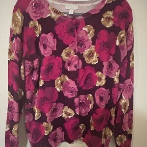 Charter Club Burgundy Floral Crewneck Cardigan w/ Vintage floral print -1X
